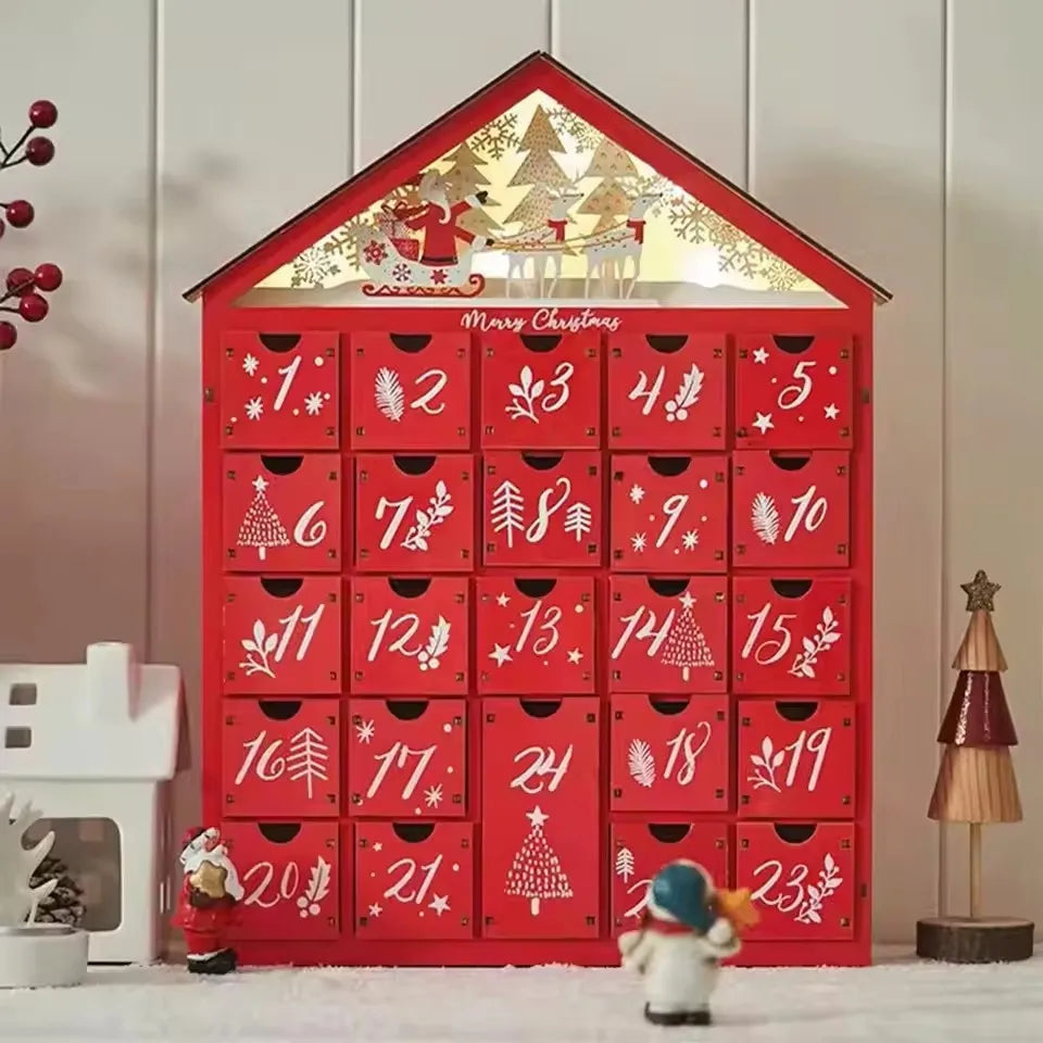 Calendrier de l'Avent lumineux en bois en forme de maison de village