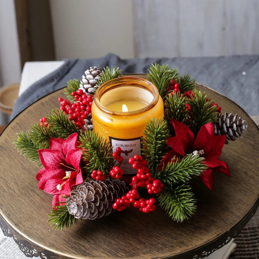 Couronne de table de Noël bougeoir aux baies rouges et pommes de pin