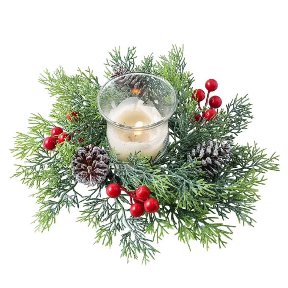Couronne de table bougeoir baies rouges et pommes de pin – photo 9