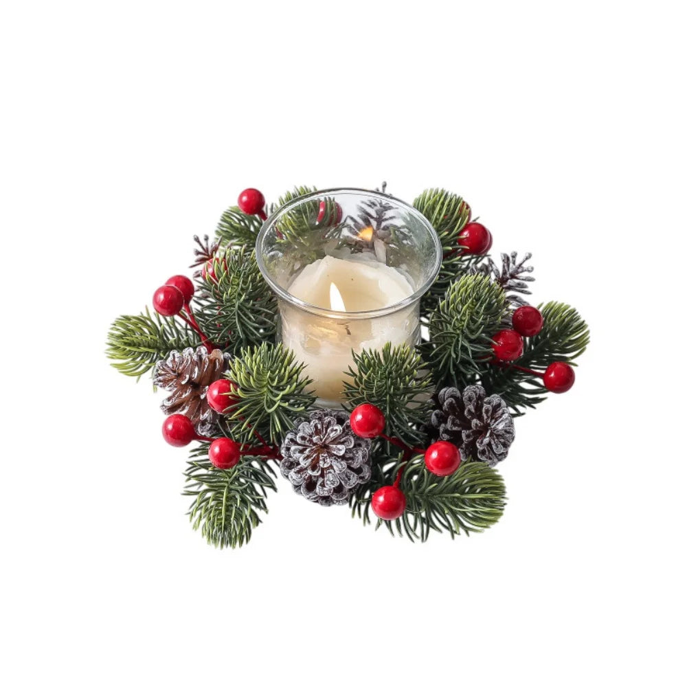 Couronne de table bougeoir baies rouges et pommes de pin – photo 7