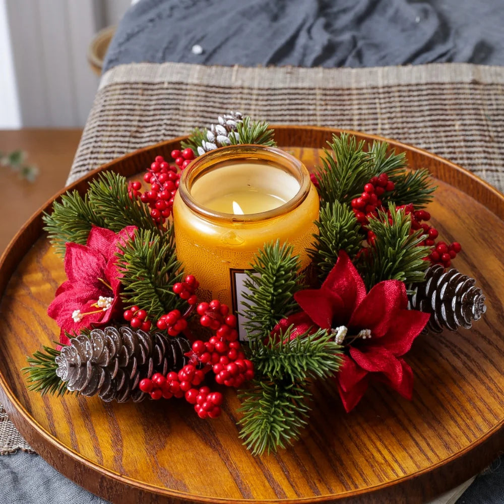 Couronne de table bougeoir baies rouges et pommes de pin – photo 4
